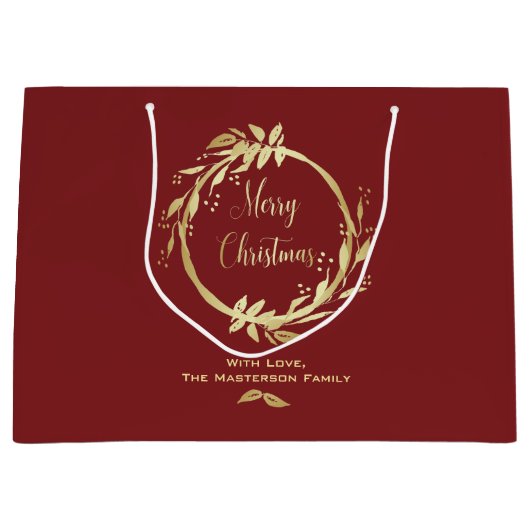 Burgundy Gold Merry kerst Holly Wreath Holiday Groot Cadeauzakje (Voorkant)