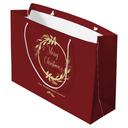 Burgundy Gold Merry kerst Holly Wreath Holiday Groot Cadeauzakje (Achterkant Gekanteld)