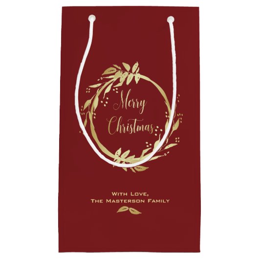 Burgundy Gold Merry kerst Holly Wreath Holiday Klein Cadeauzakje (Voorkant)