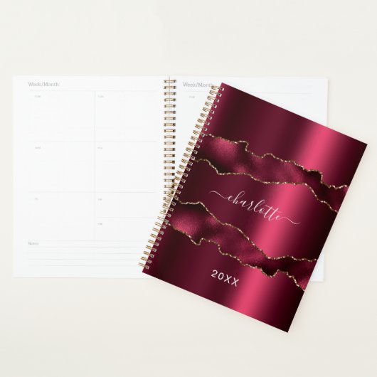 Burgundy gold metal agate marble name script 2023 planner (Display)