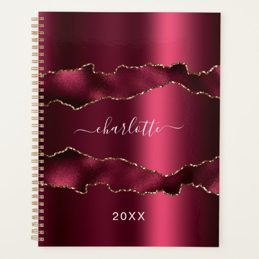 Burgundy gold metal agate marble name script 2023 planner (Voorkant)