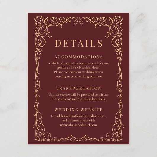 Burgundy Gold Minimalist Wedding Details Kaart (Voorkant)