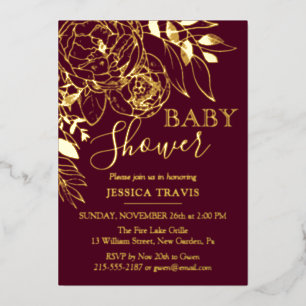 Burgundy & Gold Modern Floral Baby shower Folie Uitnodiging