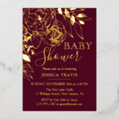 Burgundy & Gold Modern Floral Baby shower Folie Uitnodiging (Voorkant)