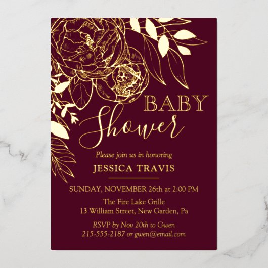 Burgundy & Gold Modern Floral Baby shower Folie Uitnodiging (Voorkant)