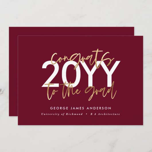 burgundy gold modern script stijlvol afstuderen kaart (Voorkant / Achterkant)
