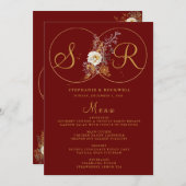 Burgundy Gold Monogram Name Initiaal Wedding Menu (Voorkant / Achterkant)