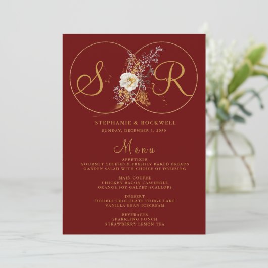 Burgundy Gold Monogram Name Initiaal Wedding Menu (Staand voorkant)