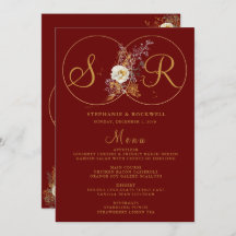 Burgundy Gold Monogram Name Initiaal Wedding Menu