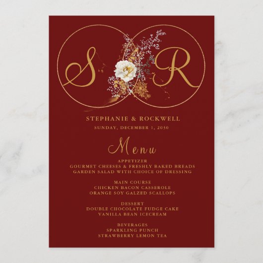 Burgundy Gold Monogram Name Initiaal Wedding Menu (Voorkant)