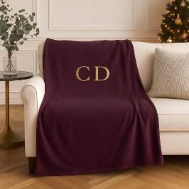 Burgundy gold monogrammed initials luxury fleece deken