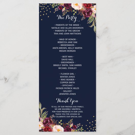 Burgundy Gold Navy Confetti Floral Wedding Program Programmakaart (Achterkant)