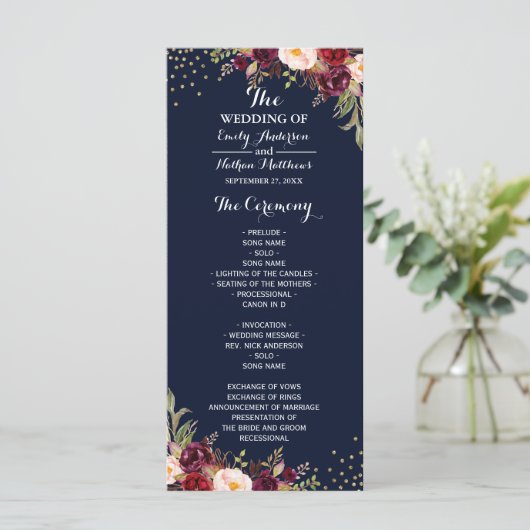Burgundy Gold Navy Confetti Floral Wedding Program Programmakaart (Staand voorkant)