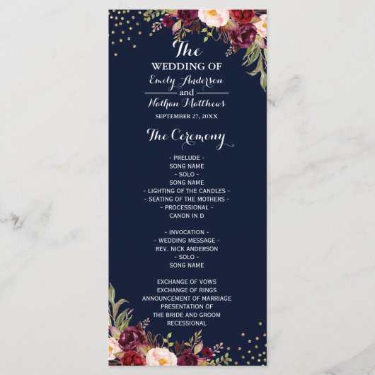 Burgundy Gold Navy Confetti Floral Wedding Program Programmakaart (Voorkant)