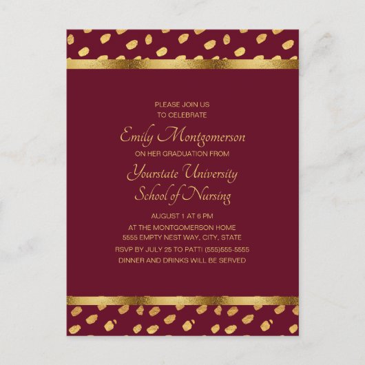 Burgundy Gold Nursing School Graduparty Briefkaart (Voorkant)