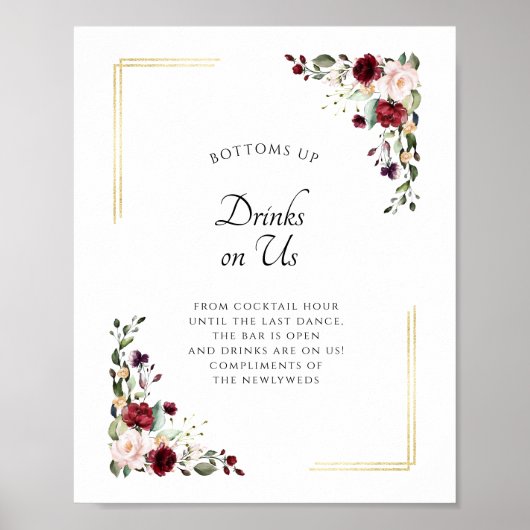 Burgundy Gold Open Bar Drinken op US Wedding Sign Poster (Voorkant)