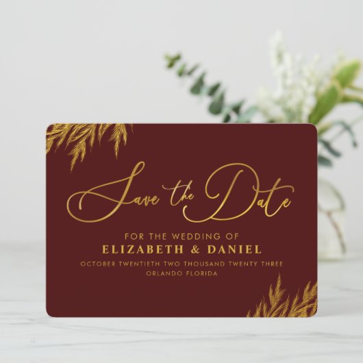 Burgundy Gold Pampas grass redt de datum Save The Date (Staand voorkant)