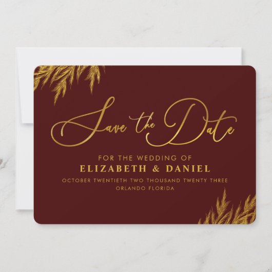 Burgundy Gold Pampas grass redt de datum Save The Date (Voorkant)