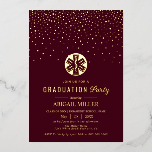 Burgundy, gold paramedic Class Of 2026 graduation Folie Uitnodiging (Voorkant)