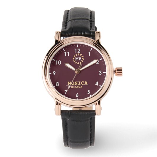 Burgundy Gold Personalized Custom Monogram Elegant Horloge (Voorkant)