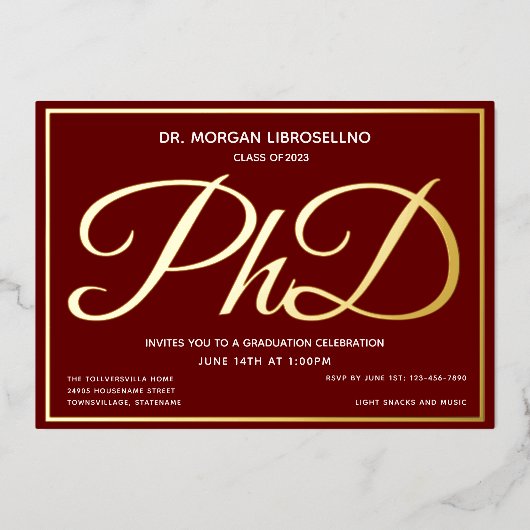Burgundy Gold PhD Afstuderen Folie Folie Uitnodiging (Voorkant)