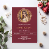 Burgundy gold photo glitter birthday kaart