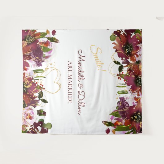 Burgundy Gold Pink Floral Photo Booth Backdrop Wandkleed (Voorkant (horizontaal))