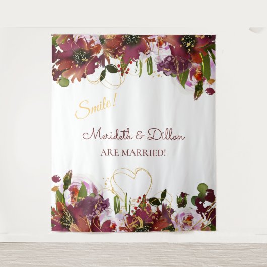 Burgundy Gold Pink Floral Photo Booth Backdrop Wandkleed (Voorkant)