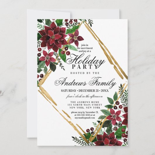 Burgundy Gold Poinsettia Floral Holiday Party Kaart (Voorkant)