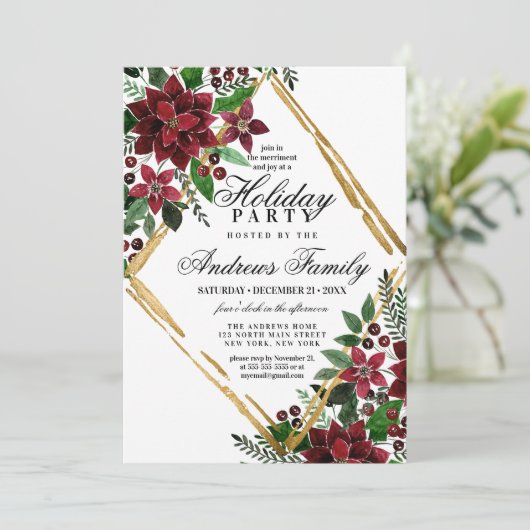 Burgundy Gold Poinsettia Floral Holiday Party Kaart (Staand voorkant)