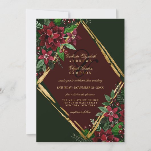 Burgundy Gold Poinsettia Floral Waterverf Wedding Kaart (Voorkant)