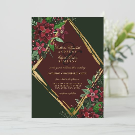 Burgundy Gold Poinsettia Floral Waterverf Wedding Kaart (Staand voorkant)