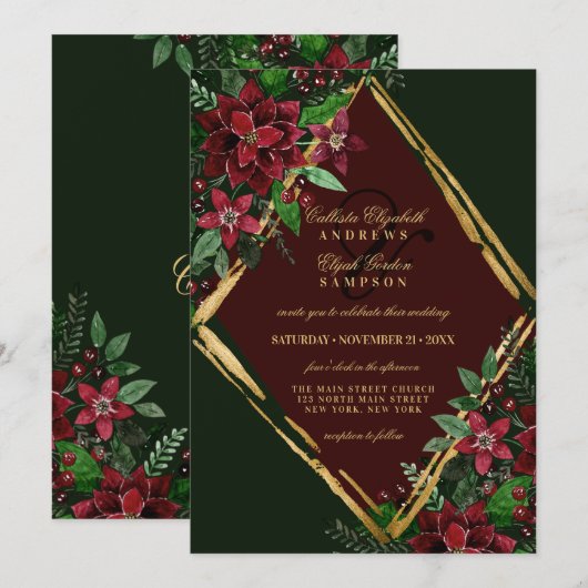 Burgundy Gold Poinsettia Floral Waterverf Wedding Kaart (Voorkant / Achterkant)