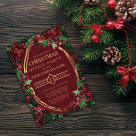 Burgundy Gold Poinsettia Ivy Corporate kerst Kaart<br><div class="desc">Deze elegante, feestelijke en vrolijke uitnodiging van de kerst-kantoor van het bedrijf is perfect voor de wintermaanden. Het is voorzien van een kerstvibe en een feestvibe met de hand verfde woedende rode, bosgroene en gouden punsettia bloemen, holly bessen en ivisbladeren boven op een goudverf ovalale grens en een simpele bogoerode...</div>