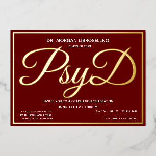 Burgundy Gold PsyD Afstuderen Folie Uitnodiging