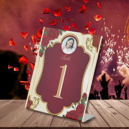 Burgundy & Gold Quinceañera Photo Elegant Reclamebord Met Voetstuk