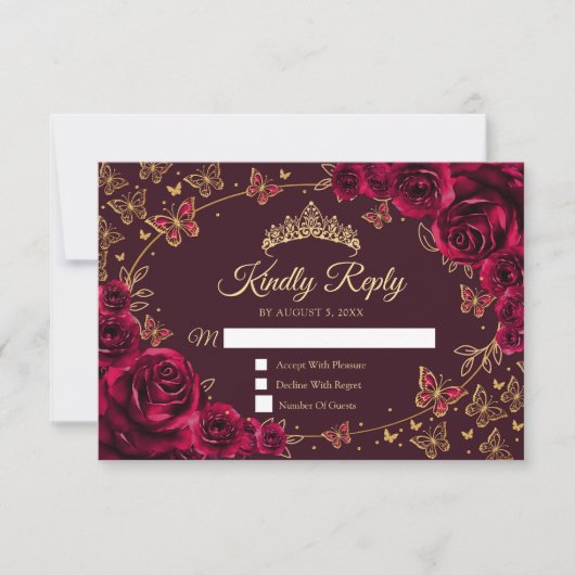 Burgundy Gold Quinceanera Reply RSVP Kaartje (Voorkant)