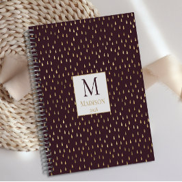 Burgundy Gold Raindrop Modern Trendy Monogram Planner