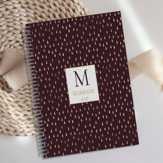 Burgundy Gold Raindrop Modern Trendy Monogram Planner