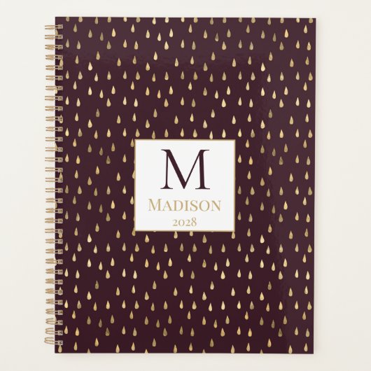 Burgundy Gold Raindrop Modern Trendy Monogram Planner (Voorkant)