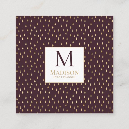 Burgundy Gold Raindrop Modern Trendy Monogram Vierkante Visitekaartje (Voorkant)