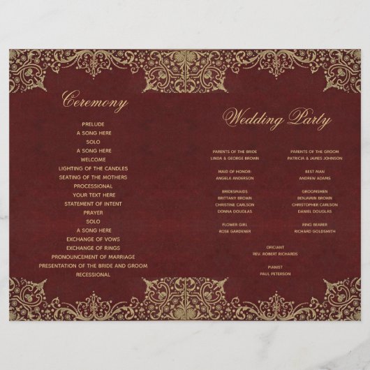 Burgundy Gold  Red Folded Wedding Program (Achterkant)