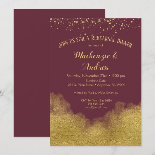 Burgundy Gold Rehearsal Dinner Invitation Kaart (Voorkant / Achterkant)