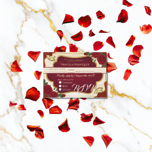 Burgundy & Gold Roos Quinceañera RSVP-kaart Informatiekaartje