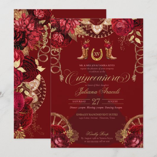 Burgundy Gold Rozen Elegant Charro Quinceanera Kaart (Voorkant / Achterkant)
