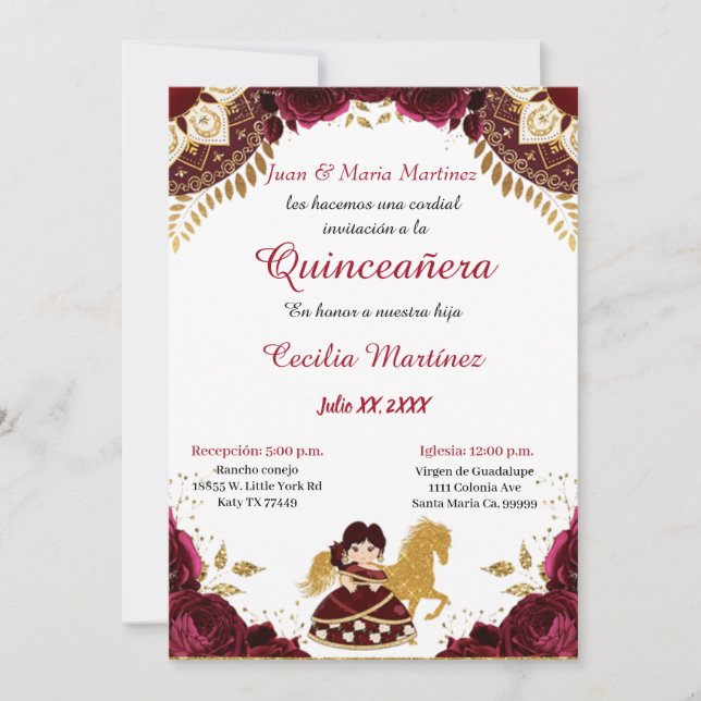 Burgundy Gold Rozen Horse Charra Quinceañera invit (Voorkant)
