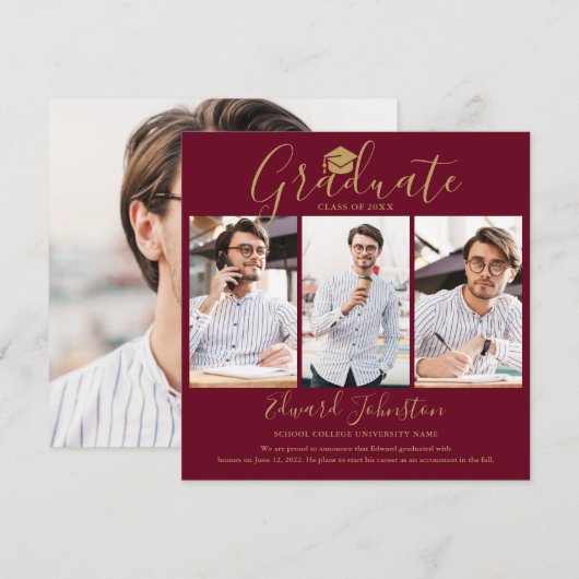Burgundy Gold Script Afstuderen 4 Foto-Afstuderen Aankondiging (Voorkant / Achterkant)