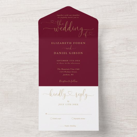 Burgundy Gold Script Hearts Minimalist Weddenschap All In One Uitnodiging (Binnen)