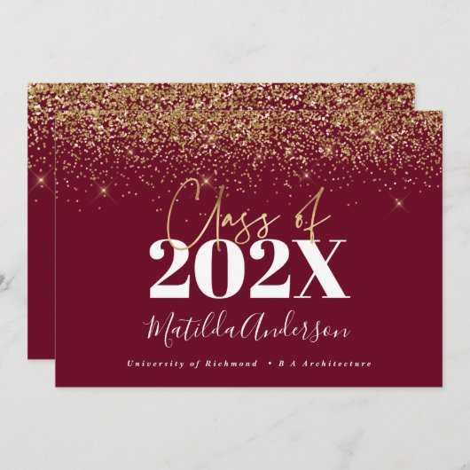 burgundy gold script modern elegant afstuderen kaart (Voorkant / Achterkant)