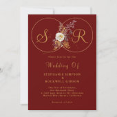 Burgundy Gold Script Monogram Weddenschap Kaart (Voorkant)